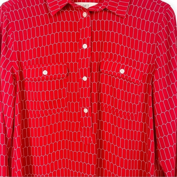 Loft Size: M geometric red long sleeve button up blouse - Picture 2 of 8